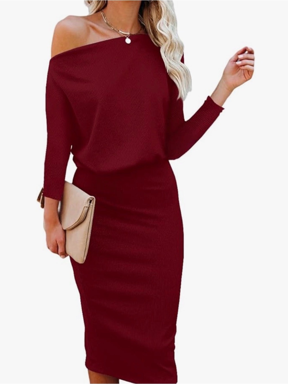 Off-Shoulder Bodycon Midi Dress - Burgundy